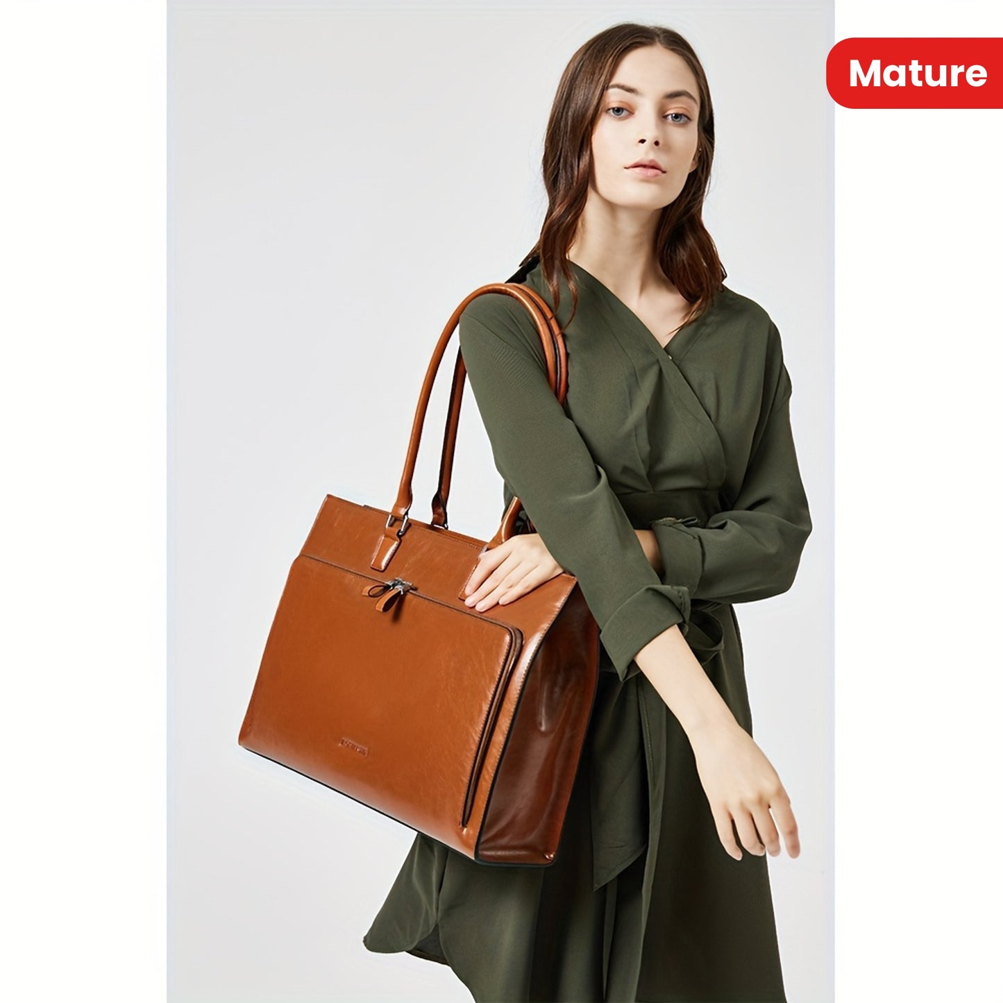 15.6 inch Leather Briefcase for Women Vintage Laptop Bag Brown Business Shoulder Handbag