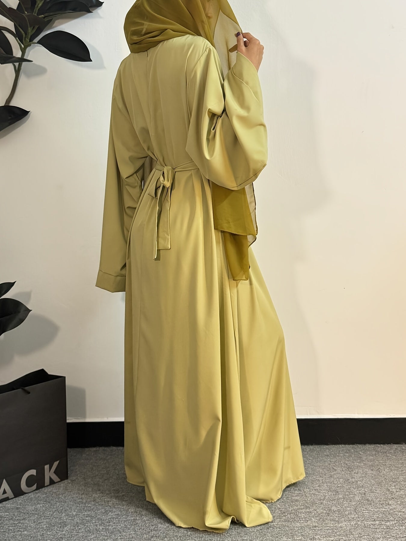 Women's Long Polyester Palestinian Abaya Kaftan with Belt - 100% Polyester, Solid Color, Regular Long Sleeve, Loose Fit, H-Contour, Woven, Non-Stretch, All Seasons, Full-Length Islamic Prayer Dress