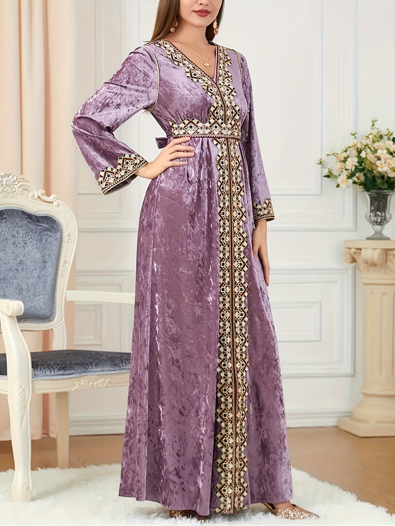 Women's Elegant Velvet Embroidery Abaya Kaftan - Long Sleeve V-Neck with Adjustable Waist Belt, A-Line Silhouette & Flared Hem for Modest Moroccan Turkish Arab Style
