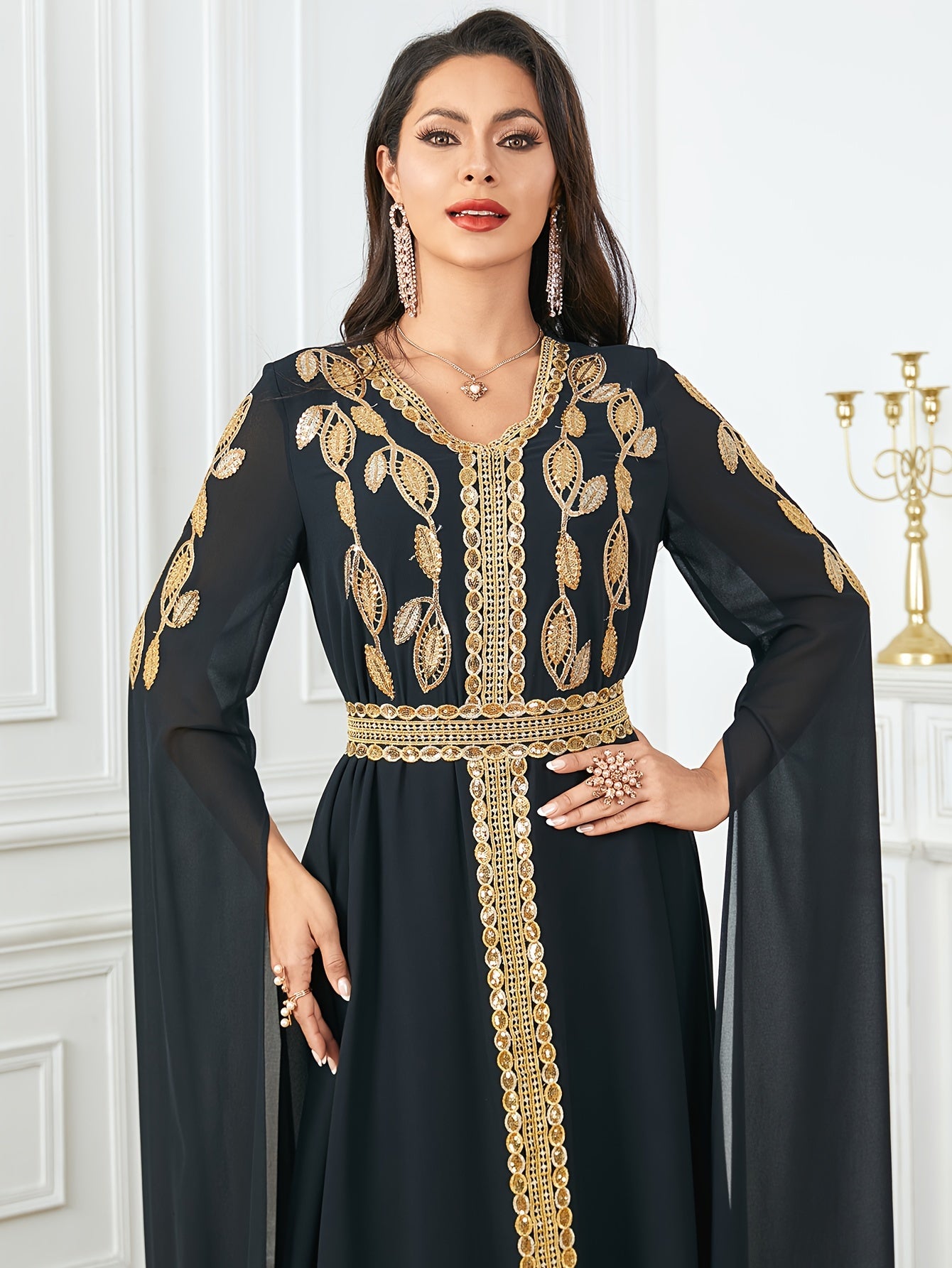 Embroidered V-Neck Abaya Dress, Elegant Cape Sleeve Maxi Dress, Women's Clothing