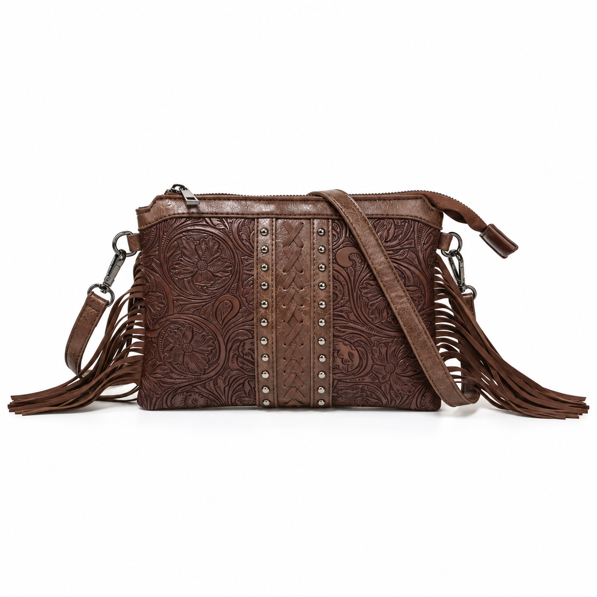 Coffee Brown Embossed Fringe Vintage Crossbody Bag