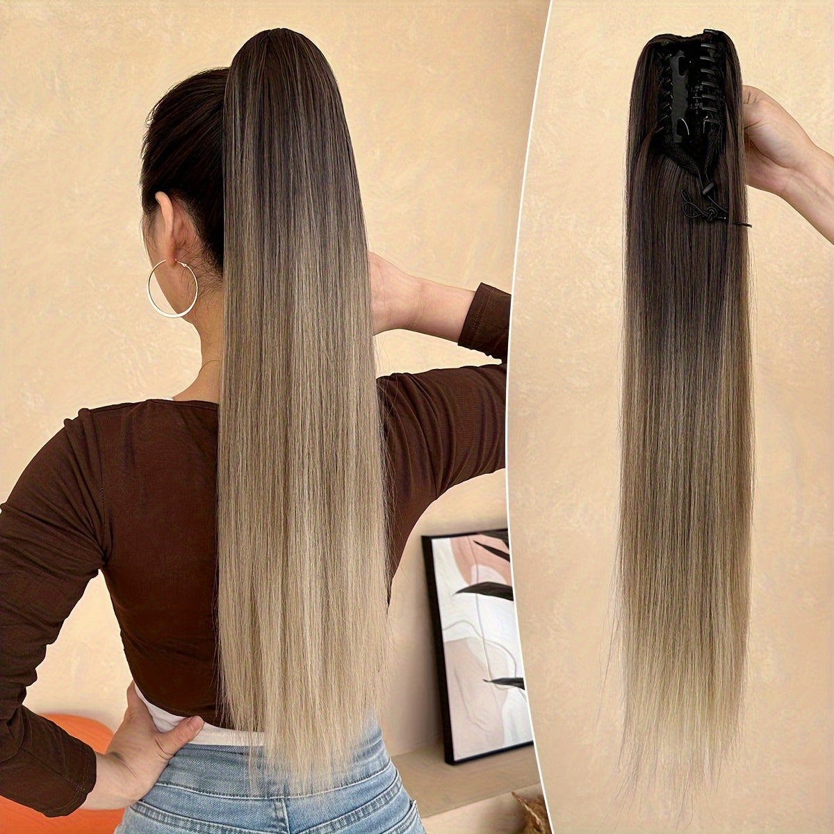 [YUSULAXI Ombre Hair Extension] YUSULAXI 26" Long Straight Heat-Resistant Synthetic Hair Ombre Black to Brown Claw Clip Ponytail Extension - Voluminous Texture for Women's Daily Use