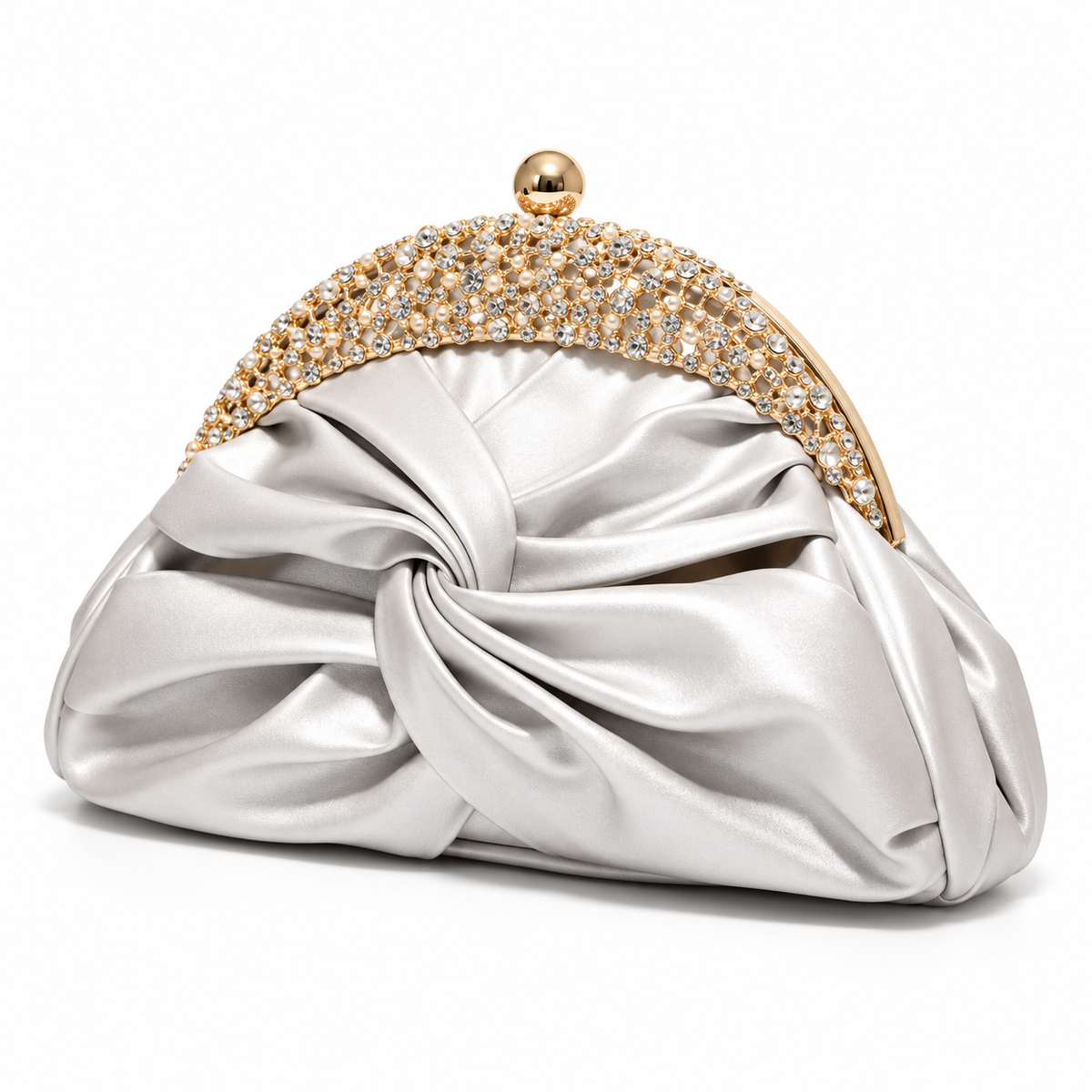 Silver Satin Knot Embellished Evening Clutch