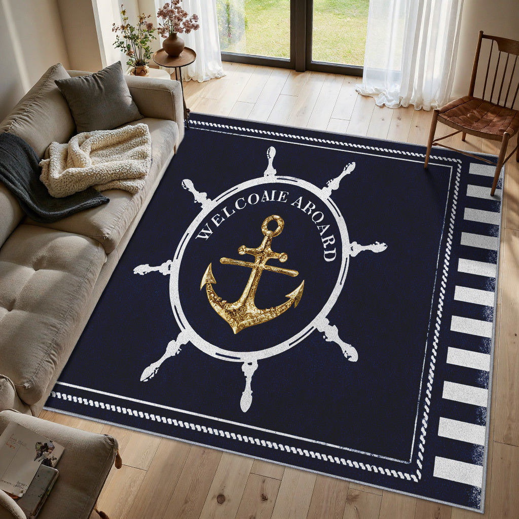 Floor Mat, Machine Washable Nautical Style Fade-Resistant Soft Dark Blue with Golden Anchor Pattern, Suitable for Living Room Bedroom Office Home Decoration, Large Size.Inch Thanksgiving Gift Autumn