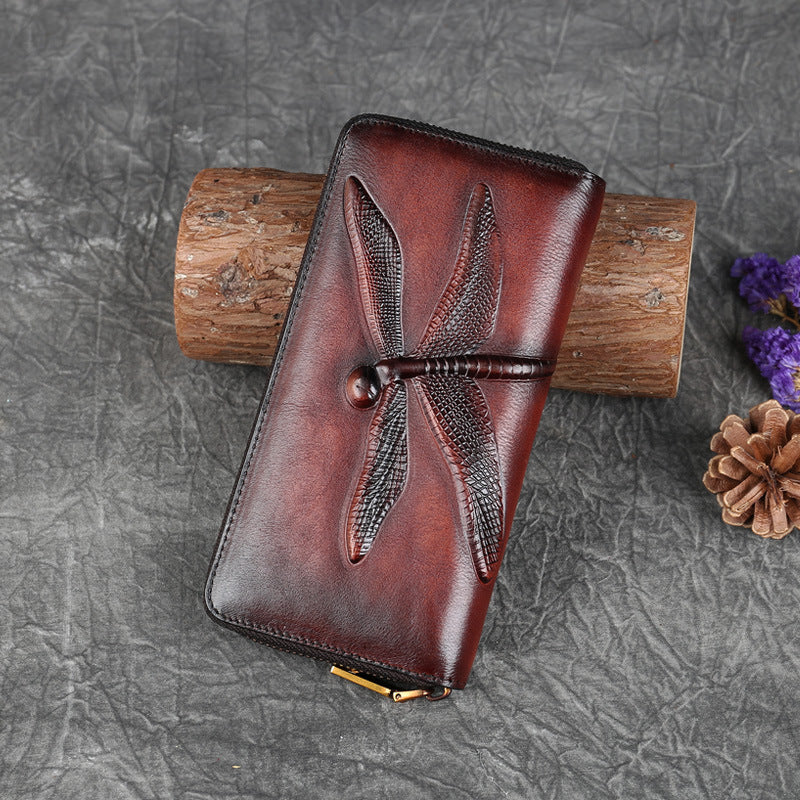 [Leather Floral Clutch Bag] Vintage Leather Wristband Purse - Embossed Floral Pattern Zippered Clutch Bag with Coin Purse and Polyester Lining