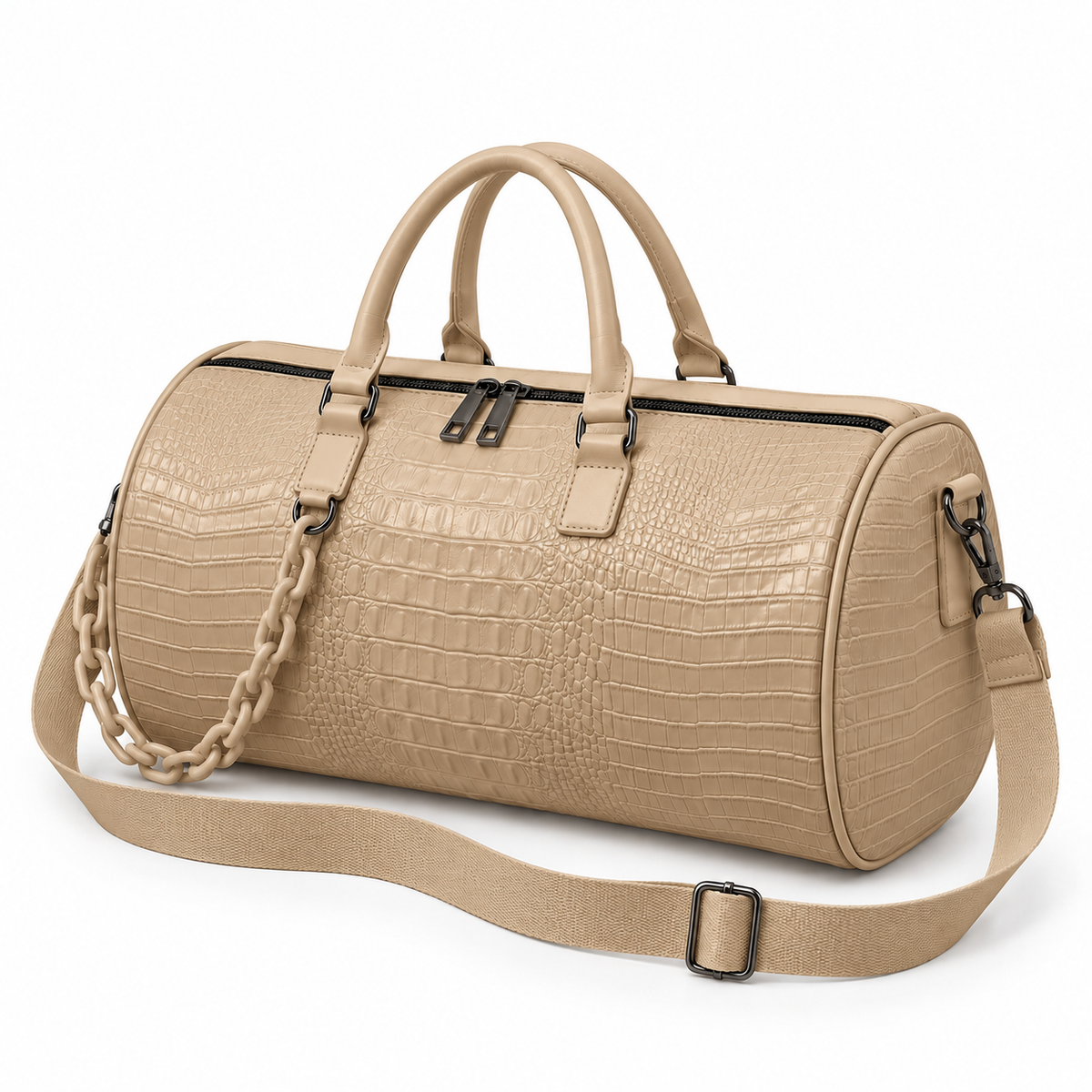 Beige Crocodile Embossed Leather Duffel Bag