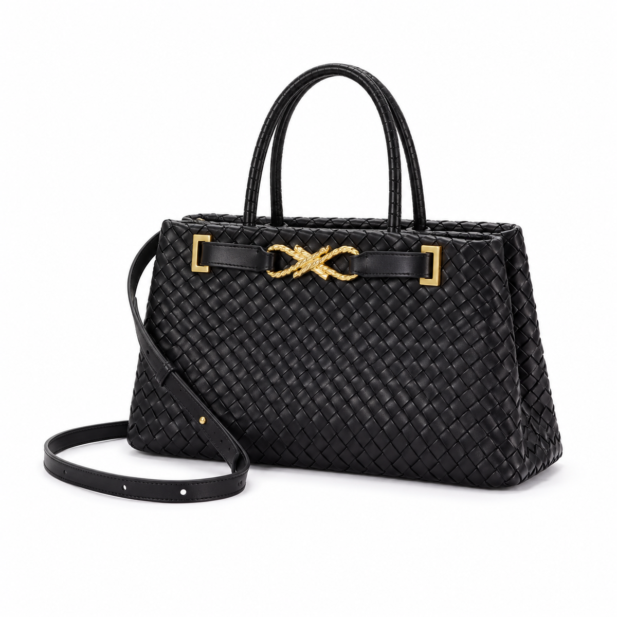 Elegant Black Woven Gold Accent Handbag