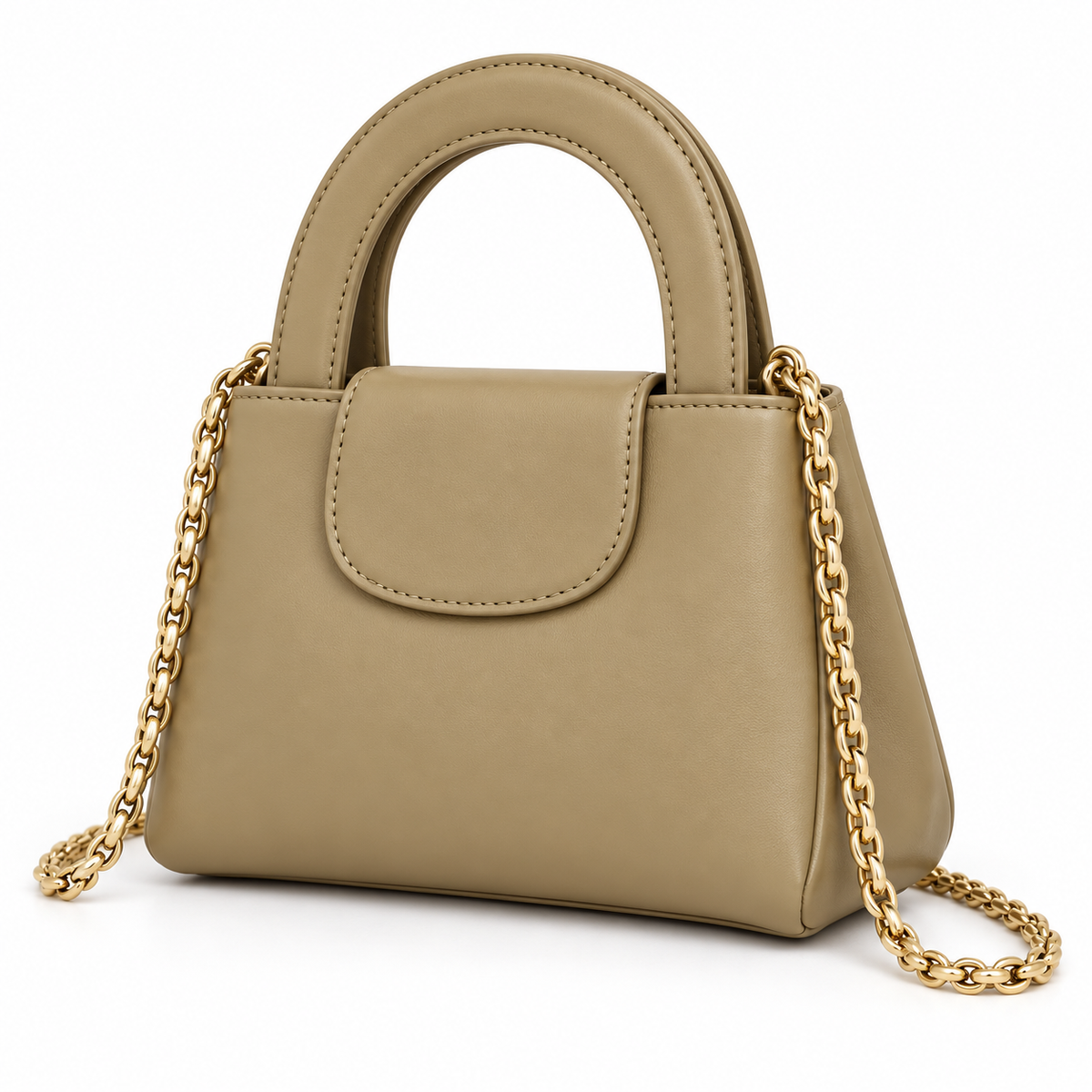 Khaki Vegan Leather Chain Handle Handbag