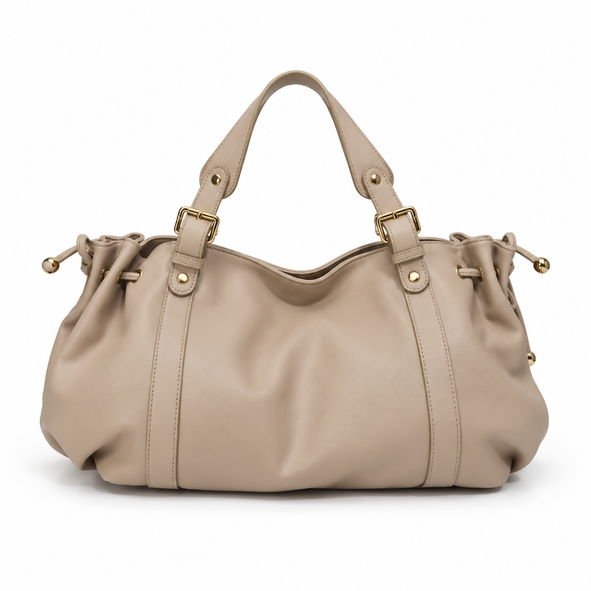 Elegant Taupe Slouchy Drawstring Tote Handbag