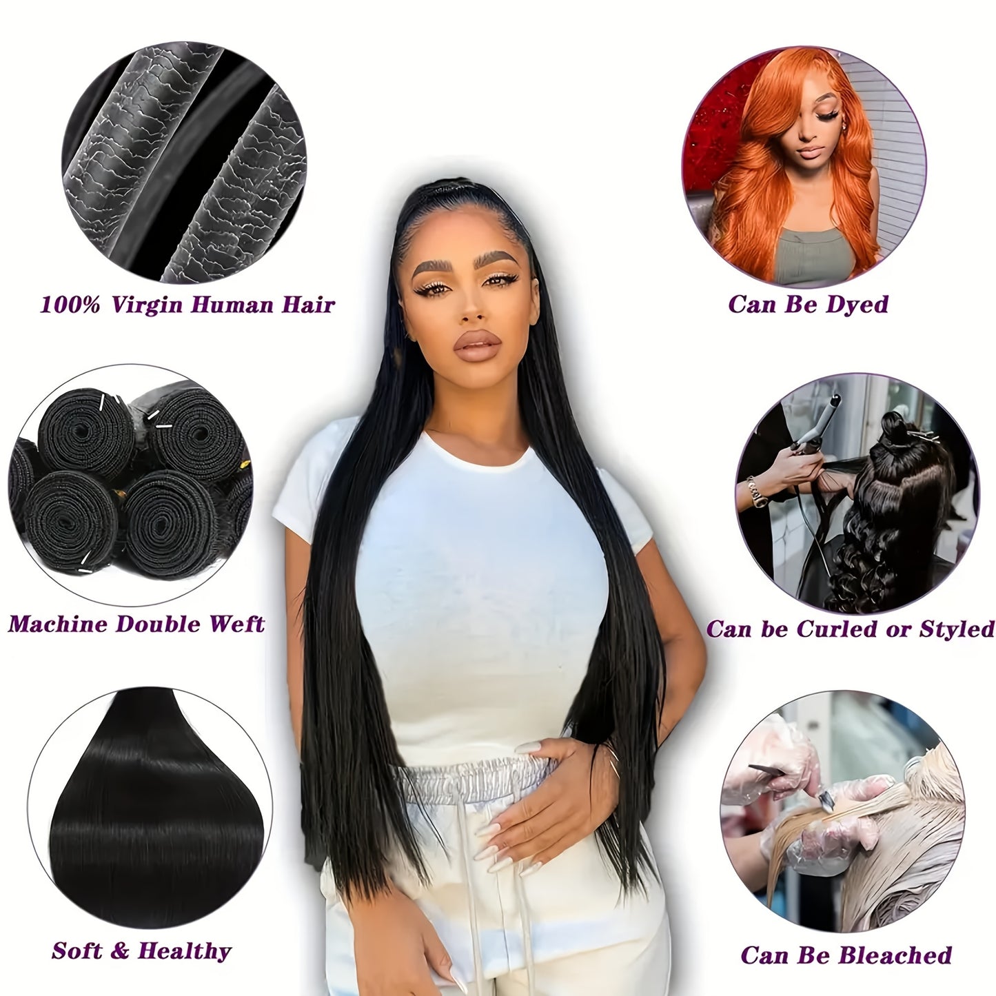 Three Bundles of Brazilian Straight Hair Made from 100% Unprocessed Human Hair, Featuring Double Wefts. These Virgin Straight Hair Extensions Are Designed for Women