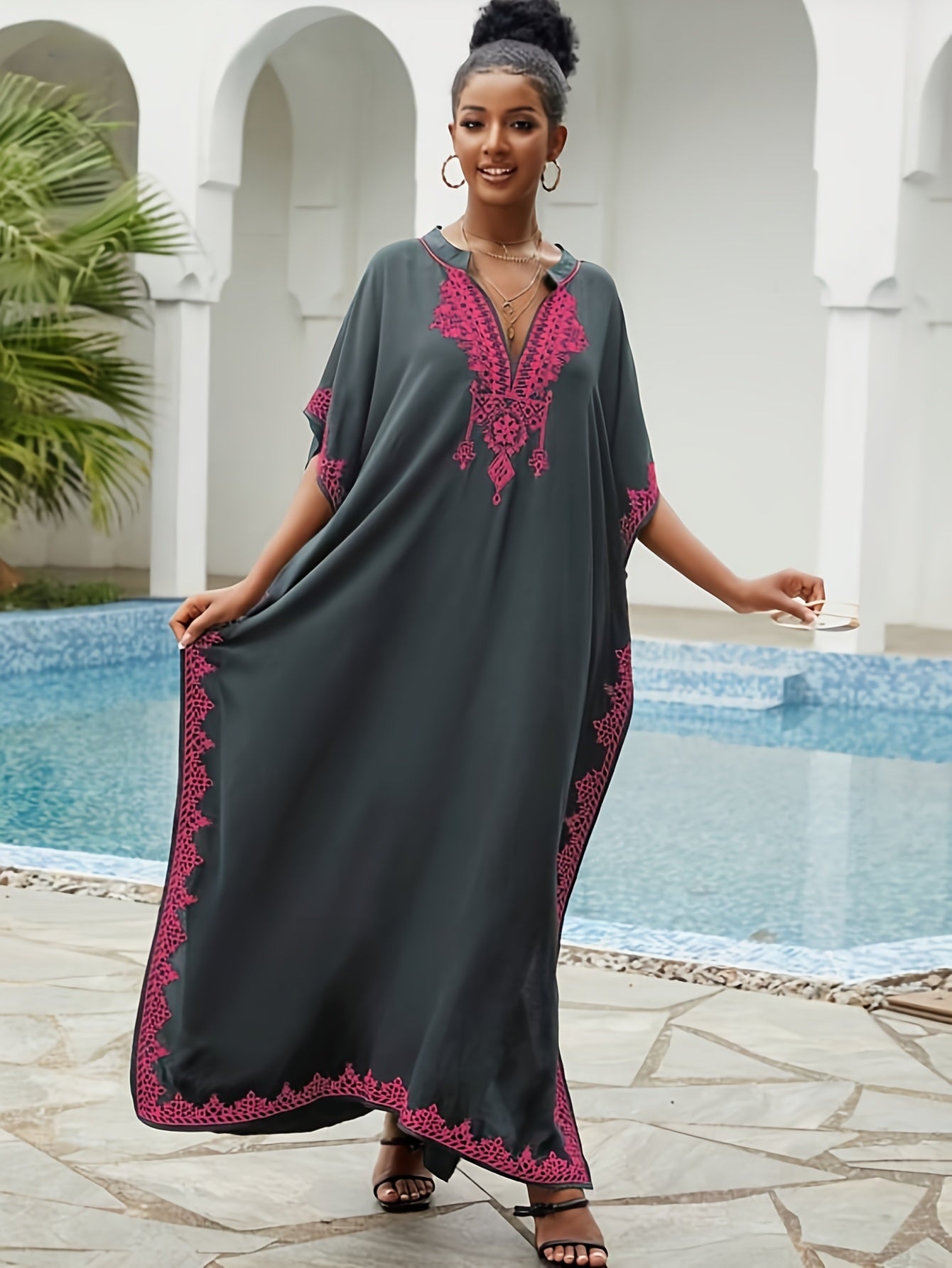 Batwing Sleeve House Kaftan Dress | Embroidery Batwing Sleeve House Kaftan Dress