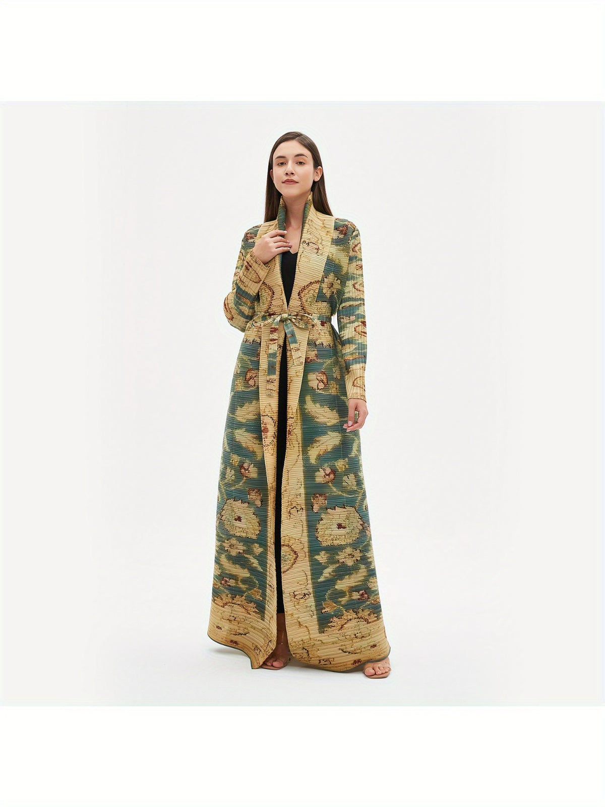 Women's Plus-Size Long Robe - Vintage Geometric Print High Elasticity Robe Abaya with Adjustable Waist Tie Belt, Loose Fit Casual & Festive Wear, Machine Washable All-Season Traditional Robe
