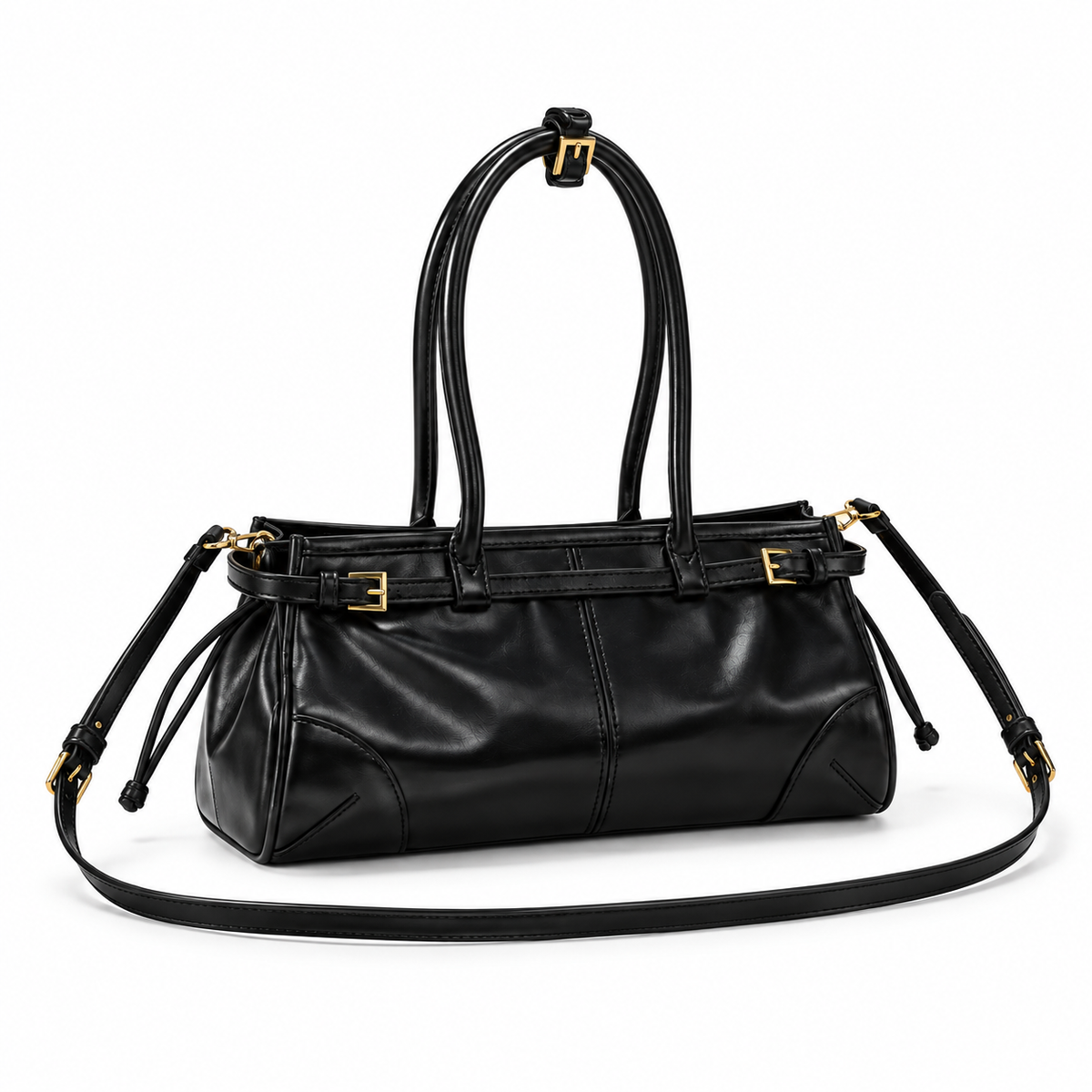 Glossy Black Structured Shoulder Handbag Purse