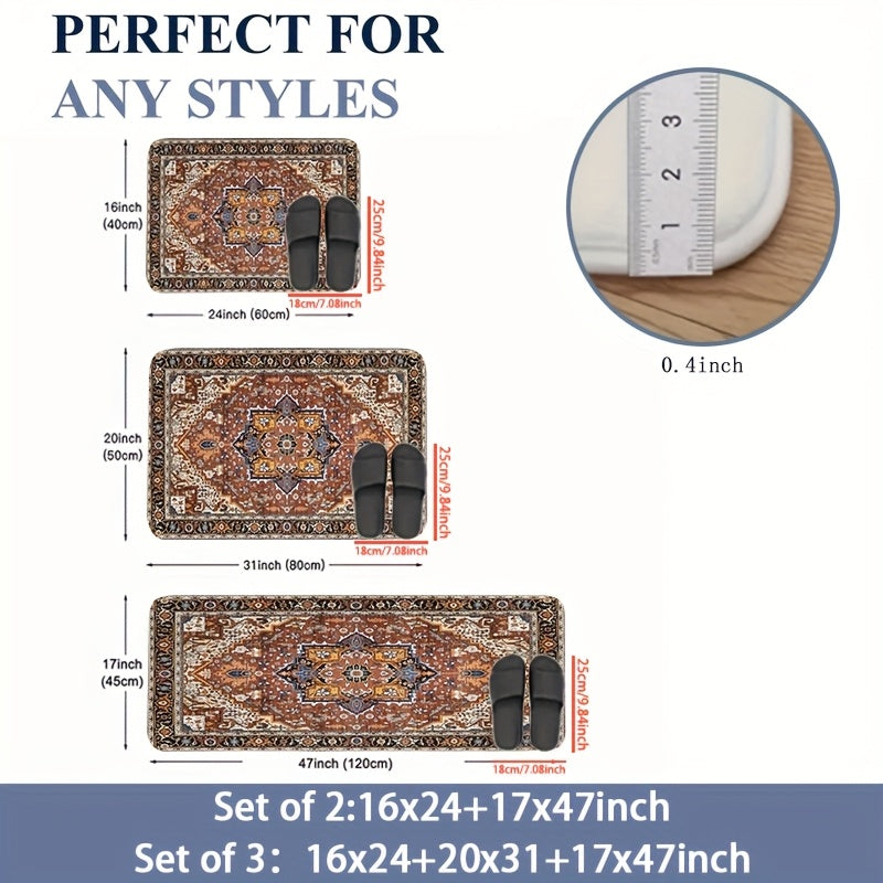 Kitchen Mat Set Featuring a Bohemian Style, Small Decorative Rugs with Vintage Eastern Medal Designs, Persian Carpets Made of Plush Material That Are Stain-Resistant, Non-Slip, Soft, Comfortable, And Easy to Clean