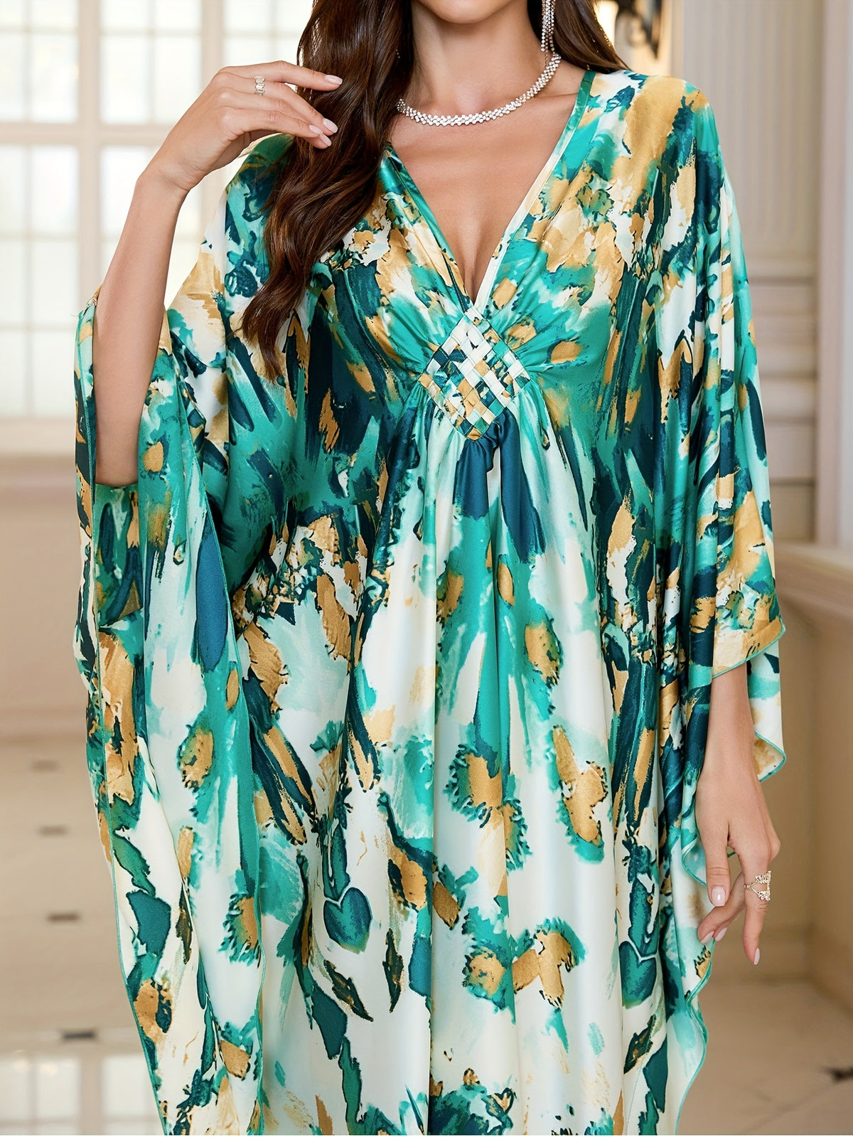 [Plus Size Kaftans] Elegant Plus Size Green and White Printed Beach Kaftans | Maxi Dresses Holiday Bathing Suits Cover Ups