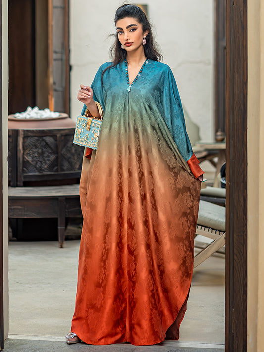 Elegant Gradient Abaya Dress with Butterfly Sleeves & Rhinestone Embellishments - Long Length, Solid Color, Regular Fit for All Seasons, Versatile Fashion | Gradient Abaya | Nonstretch Fabric