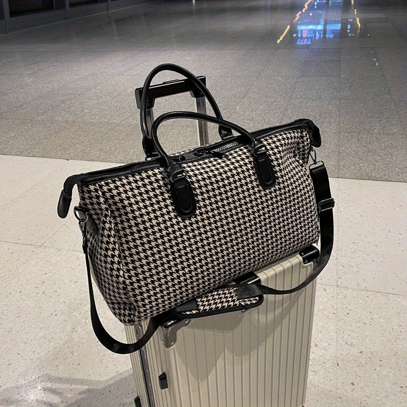 Large Capacity Houndstooth Pattern Sports Bag, Versatile Travel Duffel Luggage Handbag, Trendy Overnight Bag