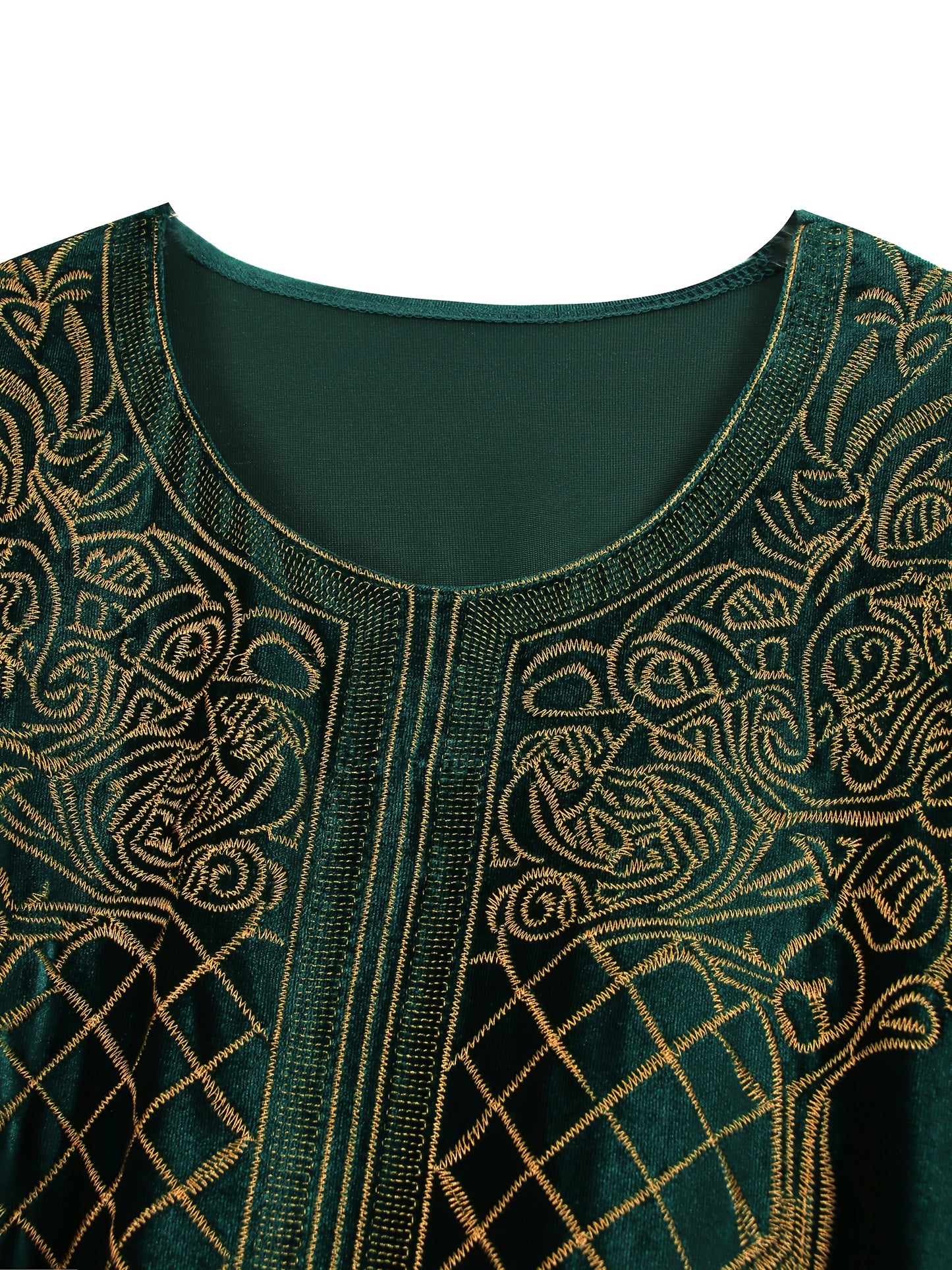 EDOLYNSA round neck embroidery long elegant dark green long sleeve side pocket ethnic dress Turkish robe Middle Eastern fashion casual vacation large size Kaftan blouse