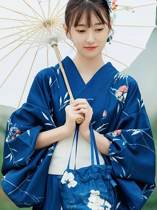 6pcs Traditional Japanese Kimono Abaya Set for Women - Polyester Floral Pattern, Woven Kimono & Obi with Matching Accessories - Umbrella, Hair Flower, Bow