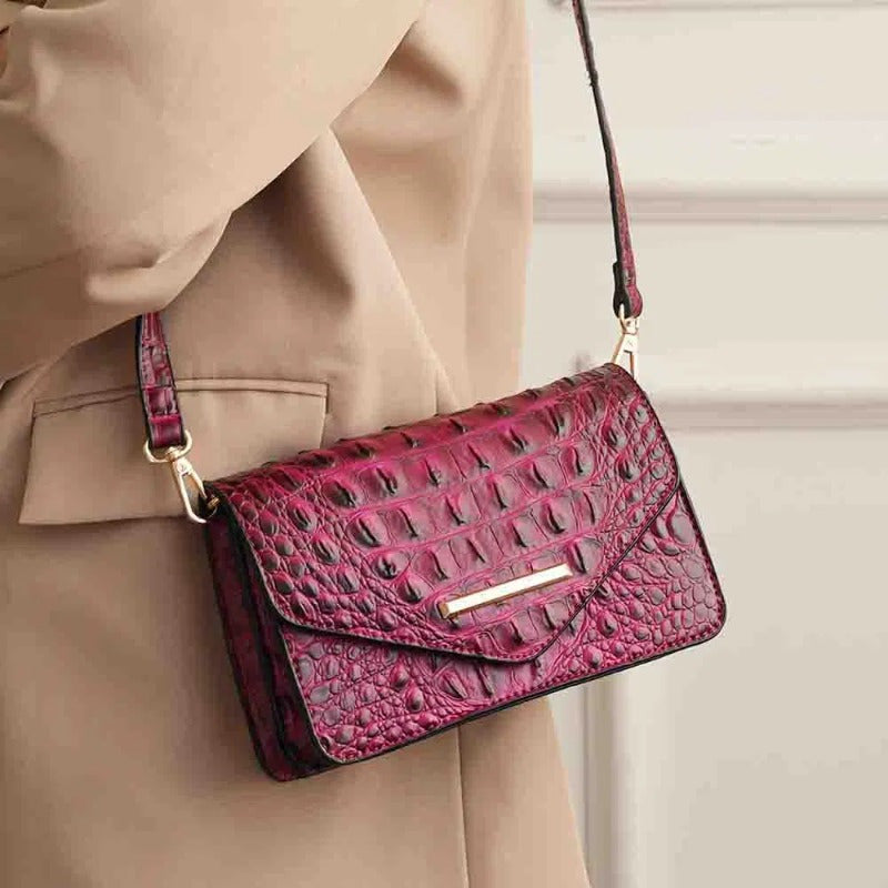 Saddle Croc-Embossed Leather Crossbody Shoulder Bag - Top-Grain Genuine Leather, Detachable Strap, Zipper Closure