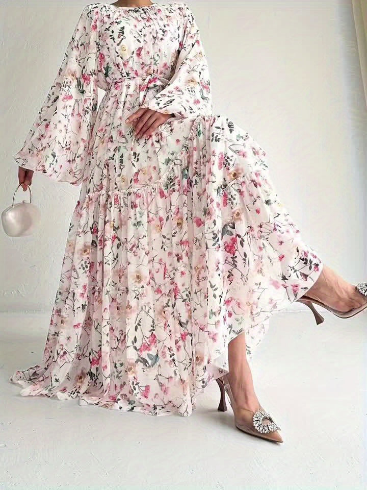 Elegant Long Sleeve Maxi Kaftan Abaya - Floral Print, Micro Elastic Polyester, Belted, Machine Washable, Middle Eastern Style, Random Printing - Perfect for All Seasons