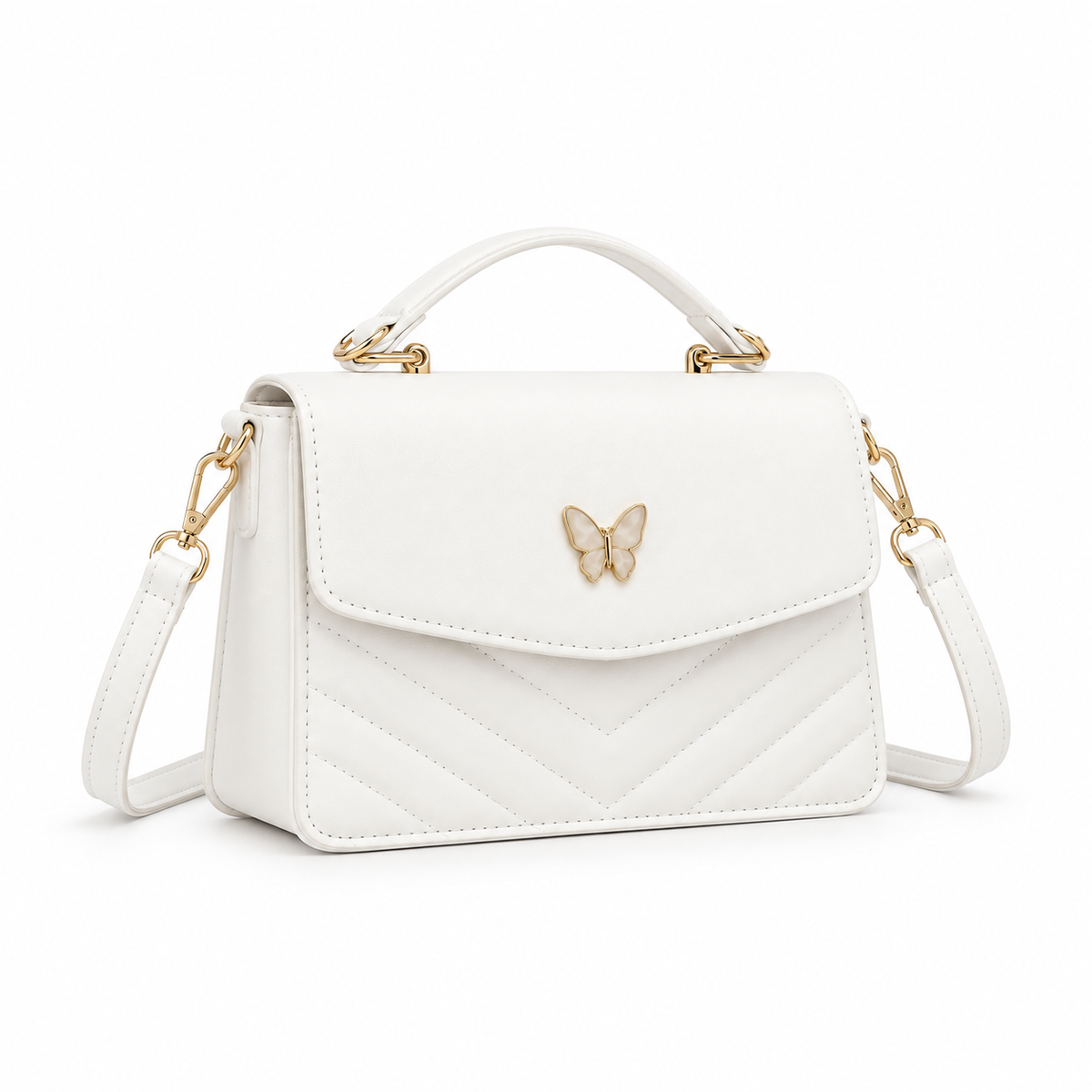 Elegant White Butterfly Quilted Shoulder Handbag