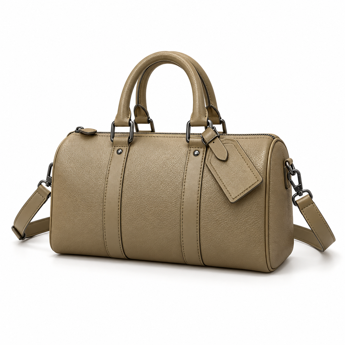 Khaki Textured Boston Bag With Strap