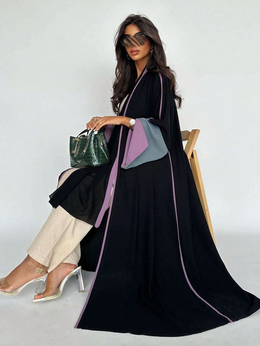 Plus Size - 1pc Plus Size Women's Abaya Burqa - Elegant Color Block Design, Loose Fit Long Sleeve with Open Front, Black & Blue Geometric Pattern, Perfect for Festive Occasions