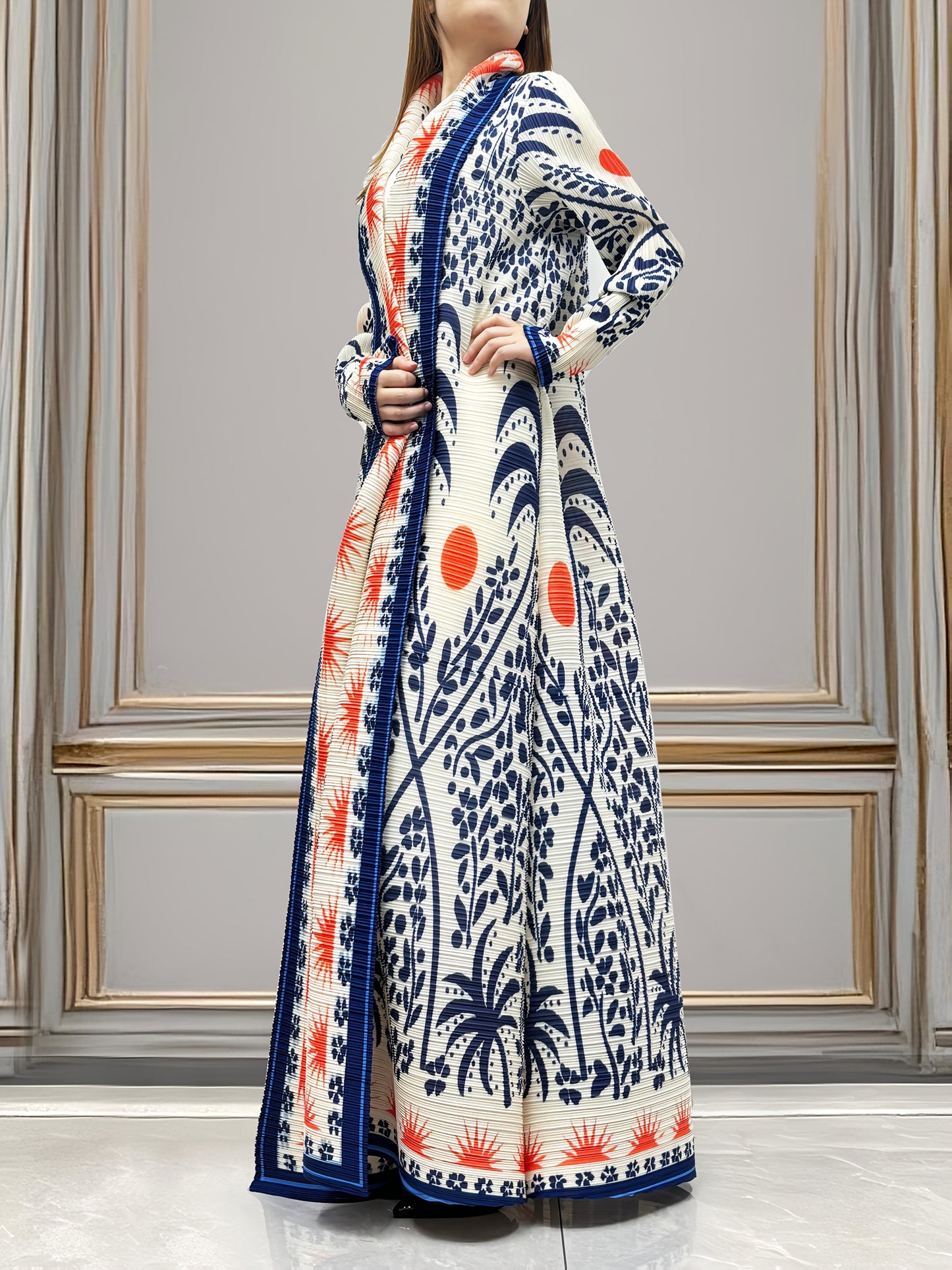 Plus-Size Middle Eastern Floral Print Robe - Blue & Red A-Line Long Lightweight Abaya with Belt, High-Stretch Machine-Washable Fabric for Spring/Fall Outdoor Wear, Fall Wardrobe, Loose Fit