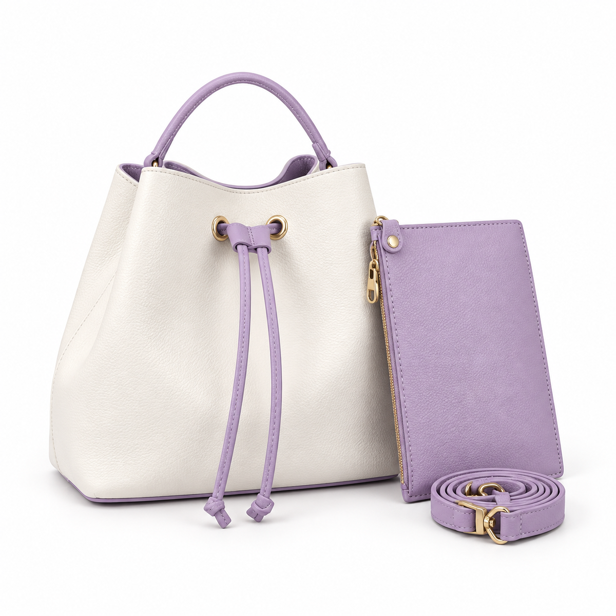 White Purple Drawstring Bucket Handbag Set