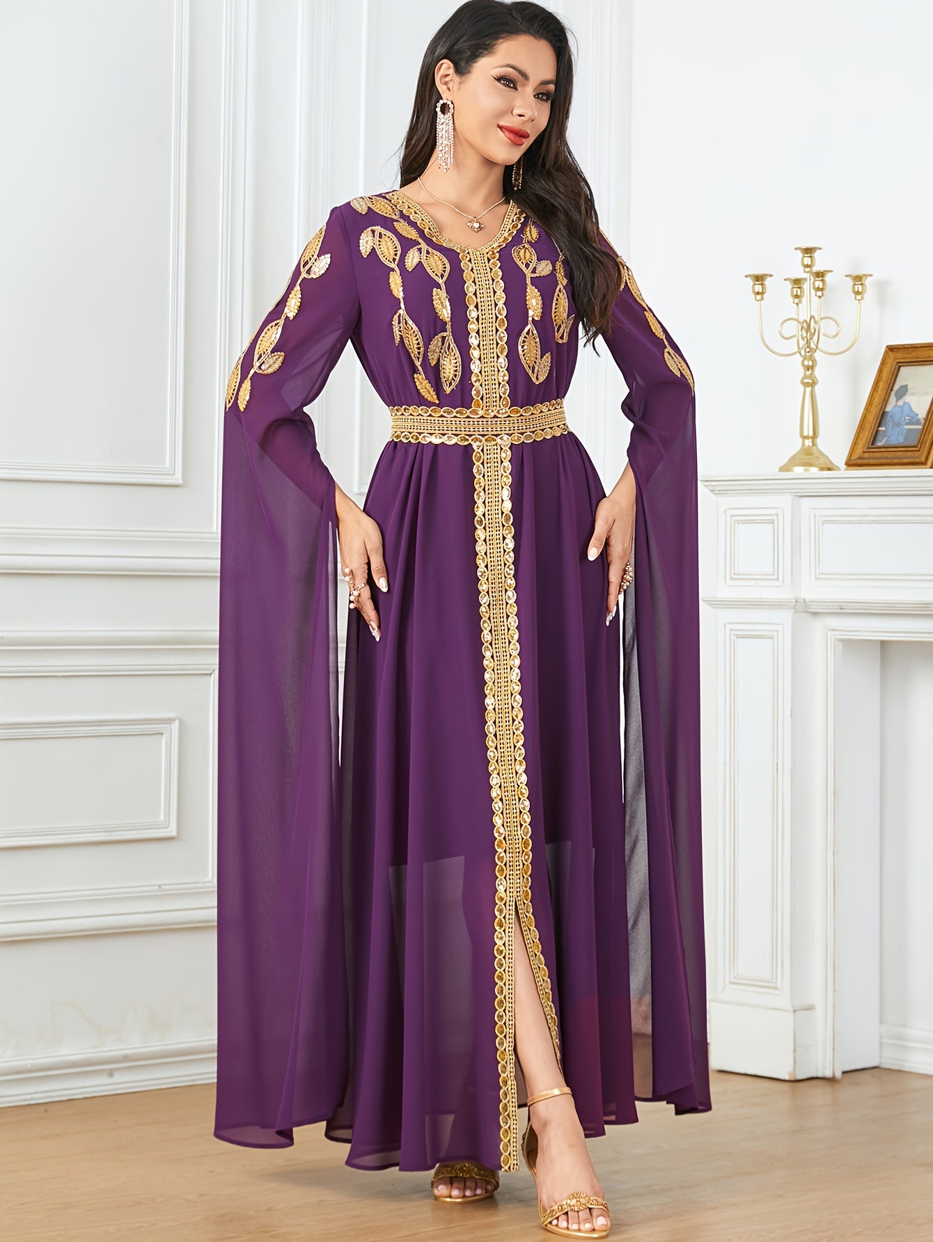 Embroidered V-Neck Abaya Dress, Elegant Cape Sleeve Maxi Dress, Women's Clothing