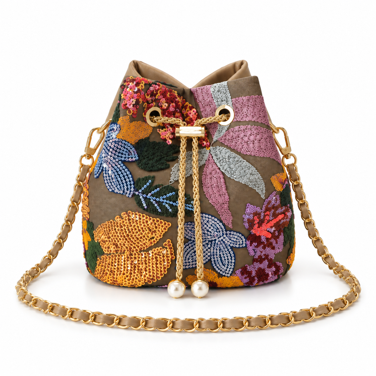 Floral Embroidered Sequin Chain Bucket Bag