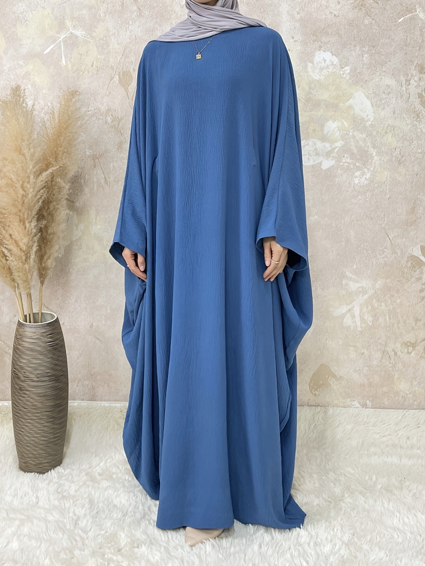 Women's Vintage Arabic Abaya Dress - Ramadan Modest Batwing Sleeve Long Dress with Waist Belt, Loose Fit Solid Black, Faux Pockets for All-Season Wear, Muslim Dress, Modest Apparel