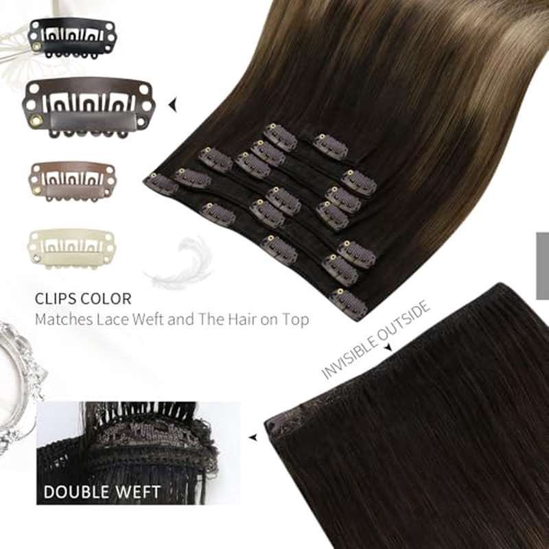 Clip in Hair Extensions - Balayage, Ombre( Dark Brown to Golden Brown with Dark Ash Blonde) 7pcs, 120G, 18inch for Women, Length Extension, Natural Look, Seamless Blend, Smooth Texture, Highquality Hairpiece, Beauty Enhanceme