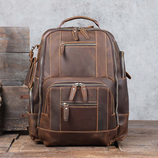 Crazy Horse Leather Classic Men's Vintage Laptop Backpack - Large Capacity Genuine Leather Outdoor Travel Bag