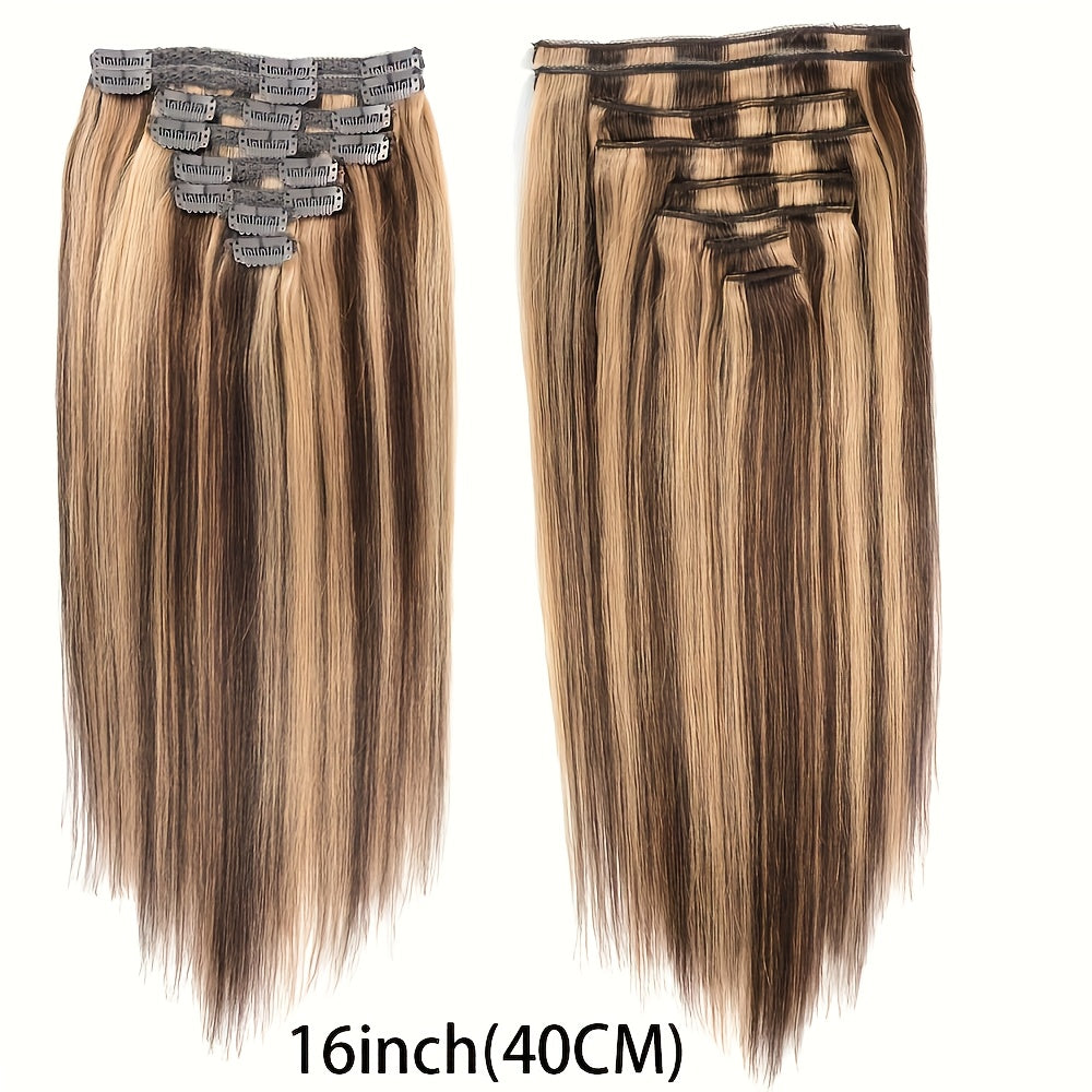 Human Hair Clip-In Extensions in Medium Brown to Caramel Blonde, Featuring Natural Straight Strands. This Set Includes 8pcs with Color 4/27, Designed for Women. These Weft Extensions Are Suitable for Everyday Use And Come in
