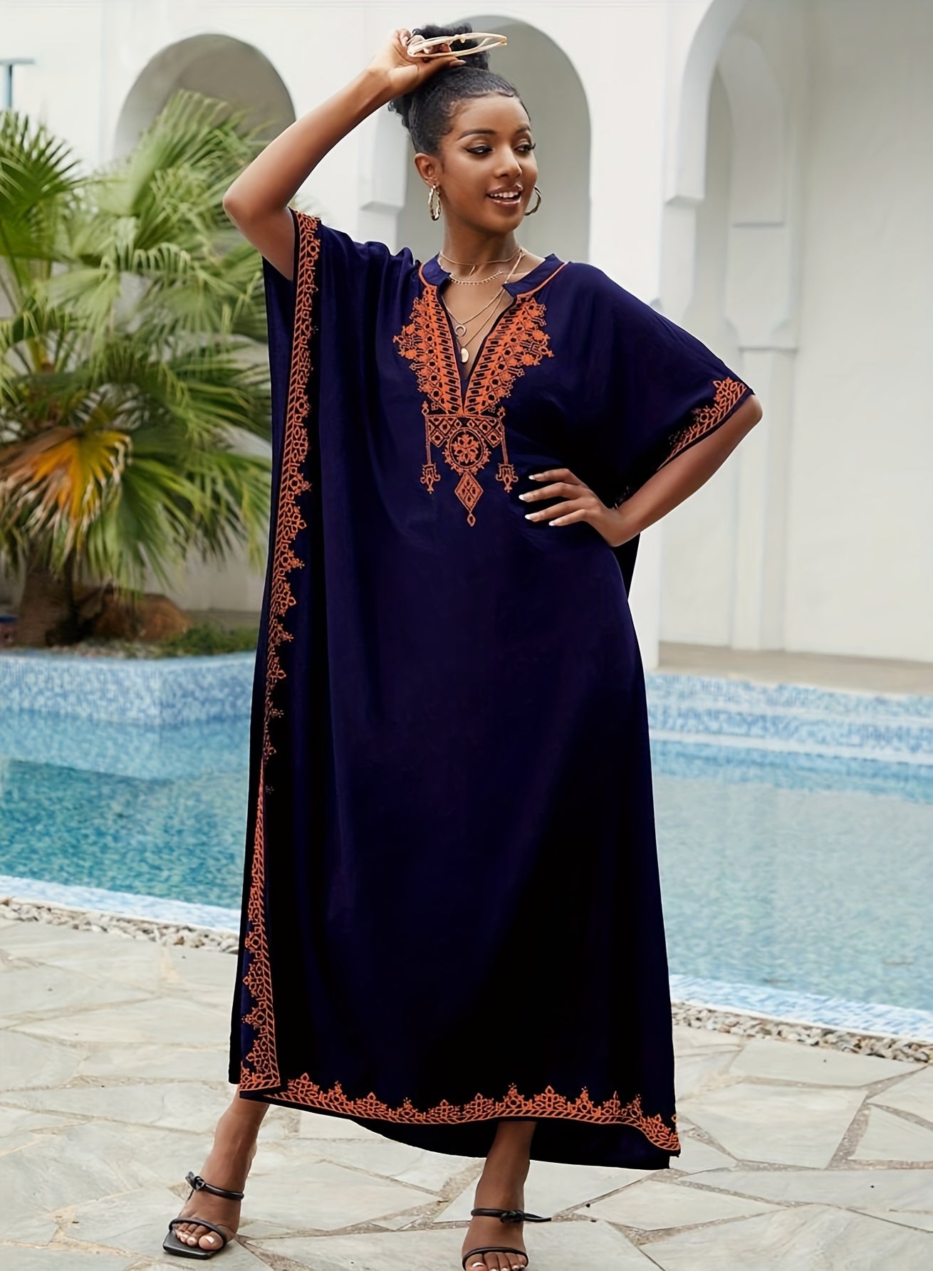 Batwing Sleeve House Kaftan Dress | Embroidery Batwing Sleeve House Kaftan Dress