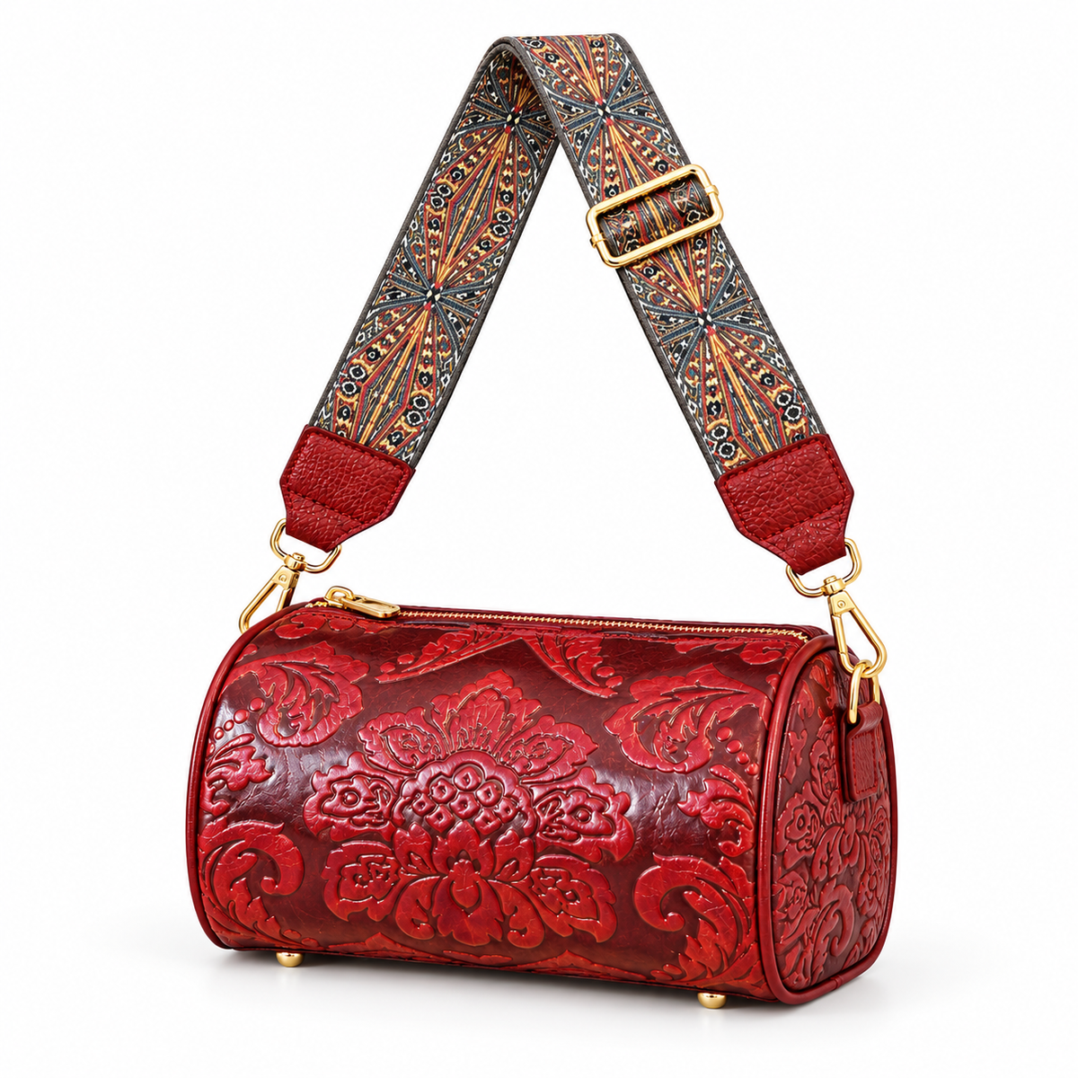 Burgundy Floral Embossed Vintage Crossbody Bag