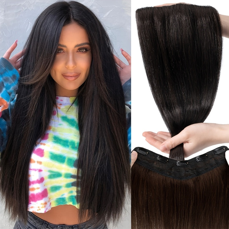20-Inch Single Piece Clip-In Hair Extensions Made from Human Hair, Featuring an Upgraded V-Shape Design with Five Clips, Ideal for Women Seeking Long Hairpieces