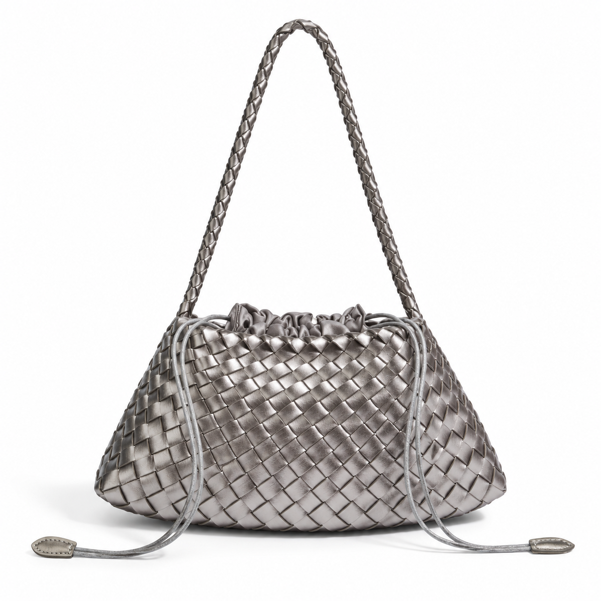 Metallic Silver Woven Drawstring Shoulder Bag