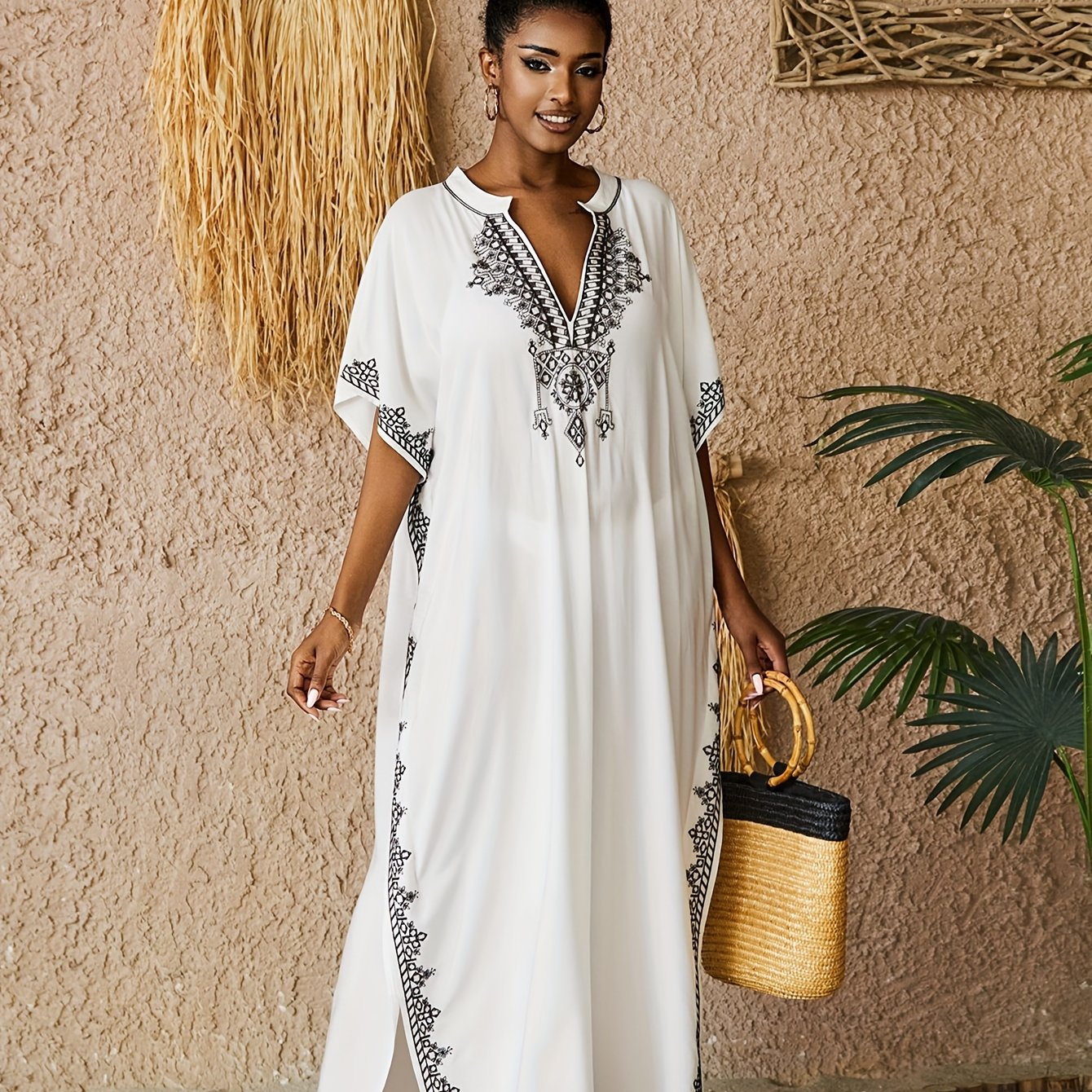 Batwing Sleeve House Kaftan Dress | Embroidery Batwing Sleeve House Kaftan Dress