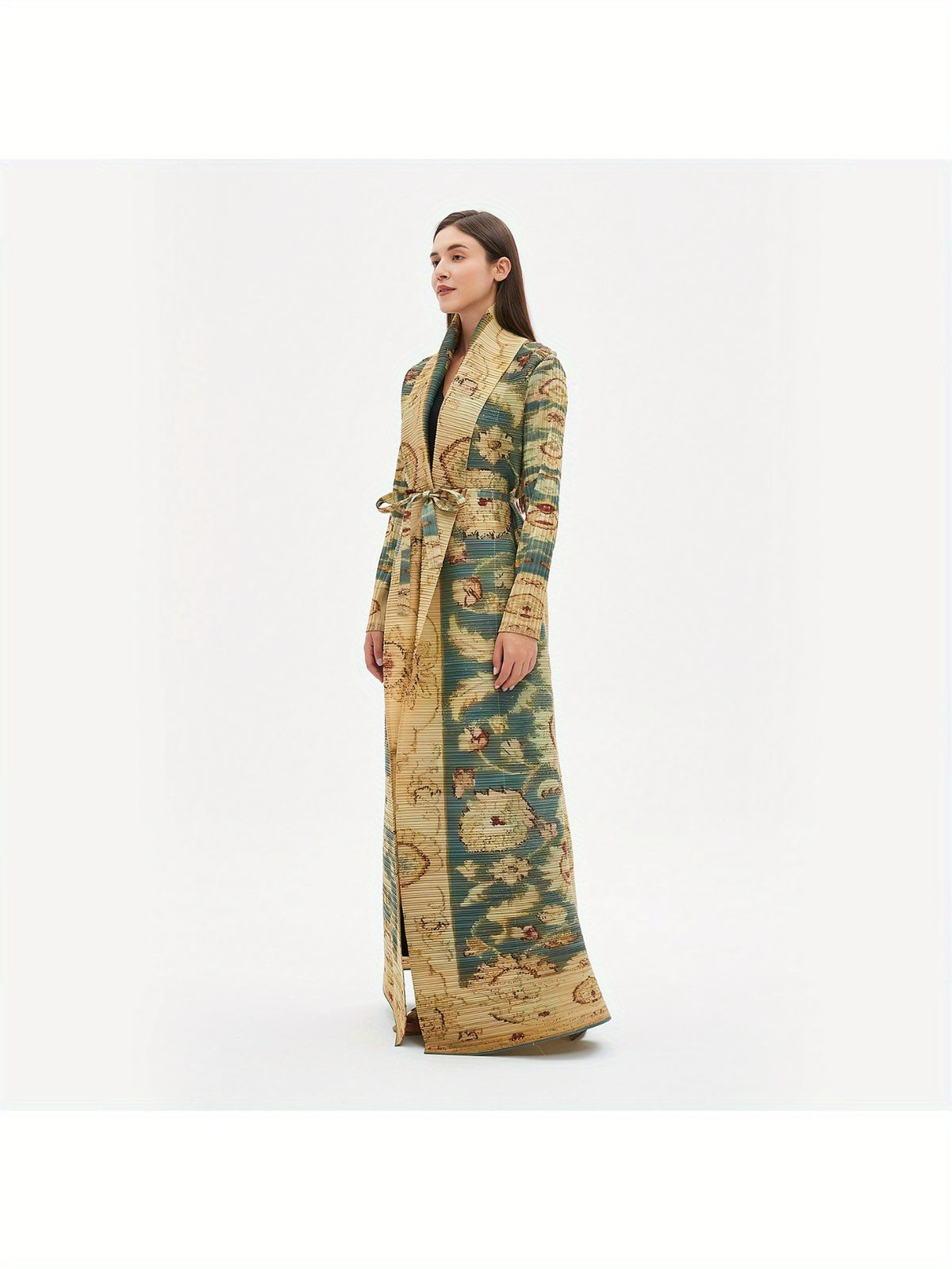 Women's Plus-Size Long Robe - Vintage Geometric Print High Elasticity Robe Abaya with Adjustable Waist Tie Belt, Loose Fit Casual & Festive Wear, Machine Washable All-Season Traditional Robe