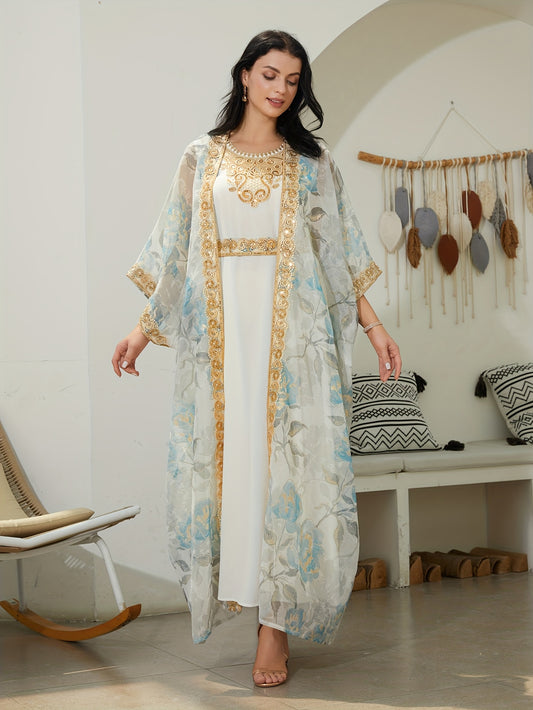 Oriental Traditional Style Sequined Lace Two-Piece Mesh Emirati Abaya Dress for Women - Long Robe with Veil