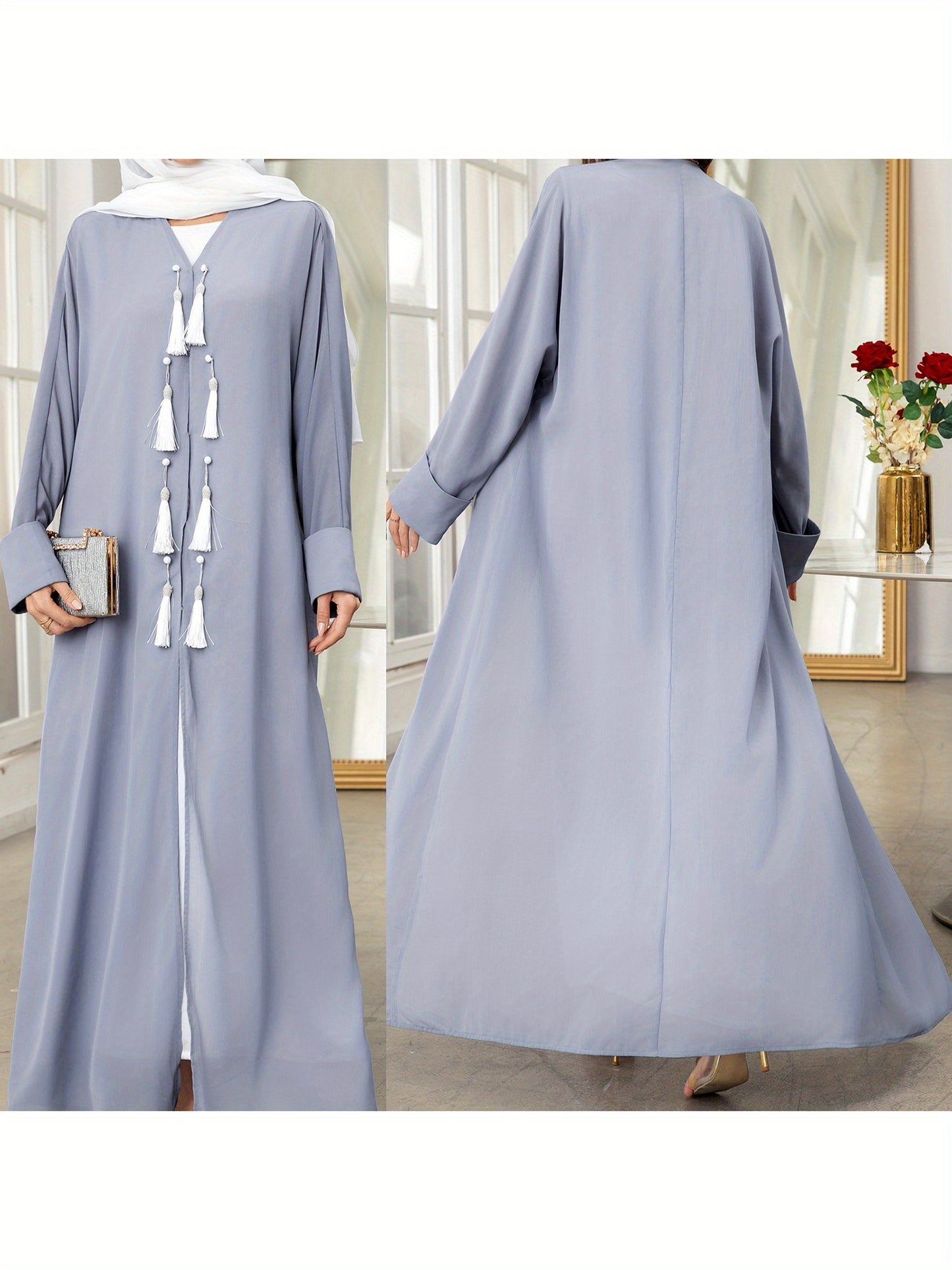 Elegant Gray Long Sleeve Tassel Cardigan - Loose Fit Caftan Gown for All Seasons