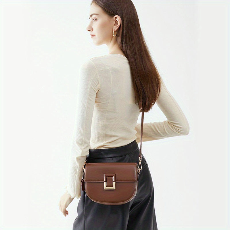 2025 New Style Women's Vintage Saddle Crossbody Bag - Genuine Leather Shoulder Bag with Golden-Tone Buckle Closure, Polyester Lining & Oil-Edged Trim