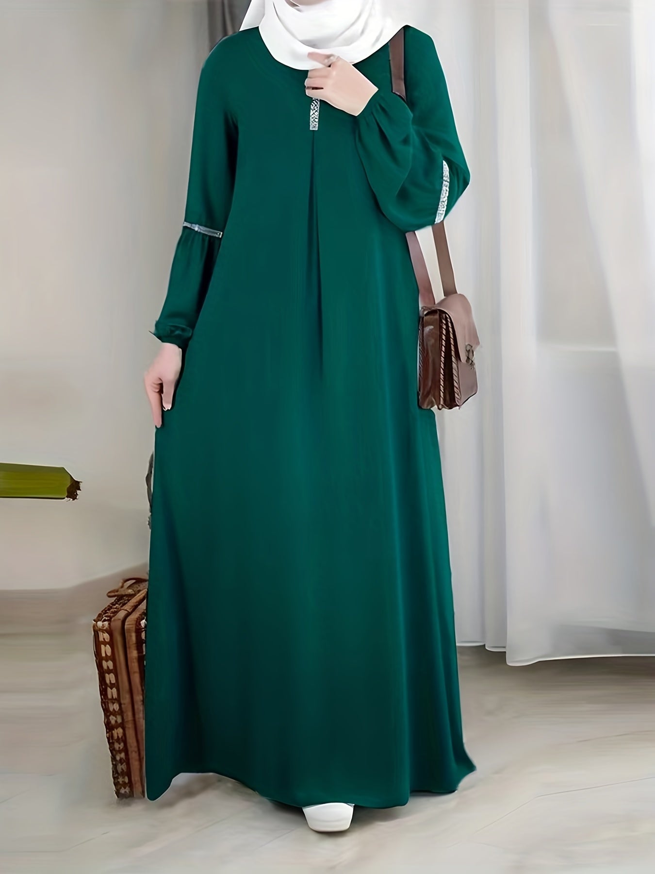 [Elegant Abaya] Elegant Arabic Abaya Burkha | 2023 New Women's Long Sleeve Modest Cover Dress, Solid Green, Sequin Sleeves, Machine Washable, No Stretch Fabric