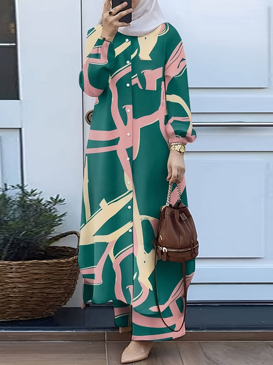 Elegant Geometric Print Pakistani Abaya with Long Sleeves and Button Front - Stylish Muslim Fashion, All-Season Wear, Pants and Top Set, Allseason Abaya|Geometric Print Abaya|Long Sleeve Top