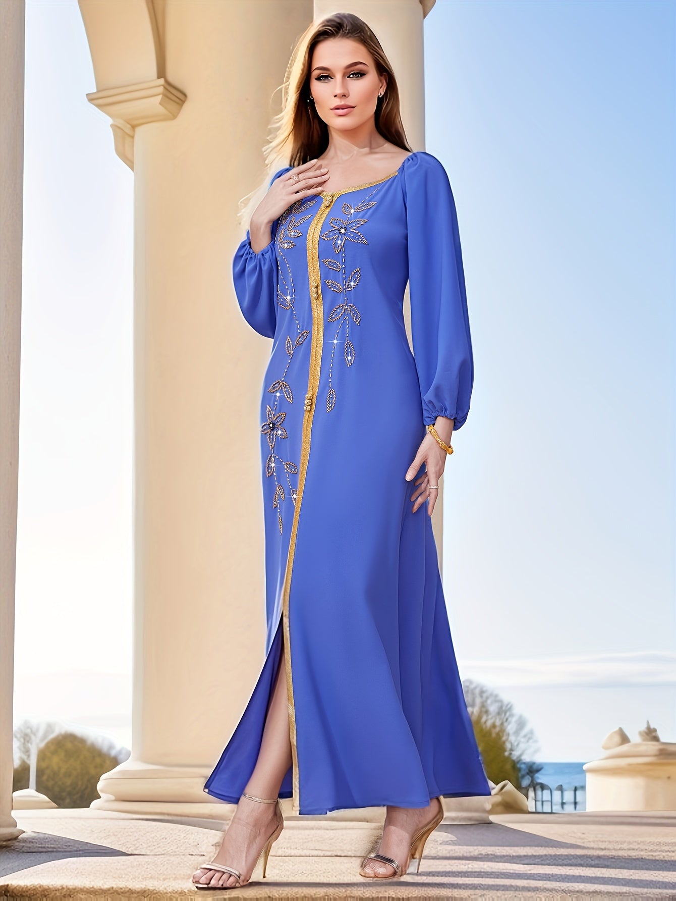 Elegant Long Sleeve Polyester Dress with Lantern Sleeves, Solid Color, Tie Back, and Belted Waist Palestinian Abaya