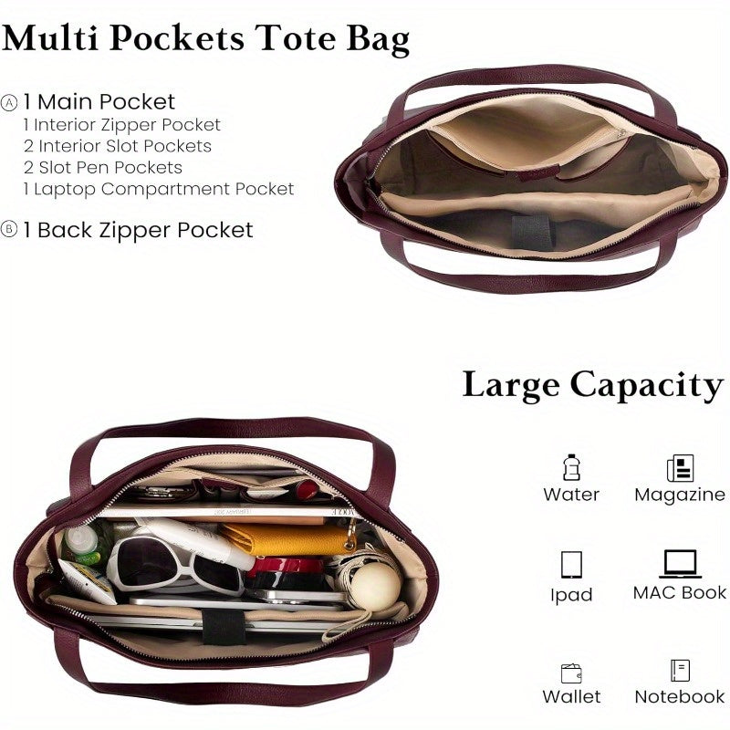 Women's Genuine Professional Work Tote Bag with 14" Laptop Compartment - Large Capacity Handbag with Golden-Tone Hardware, Zippered Pocket & Smooth Wide Handle, Scratch-Resistant & Lightweight (1.7lbs) for Travel, Work, Every