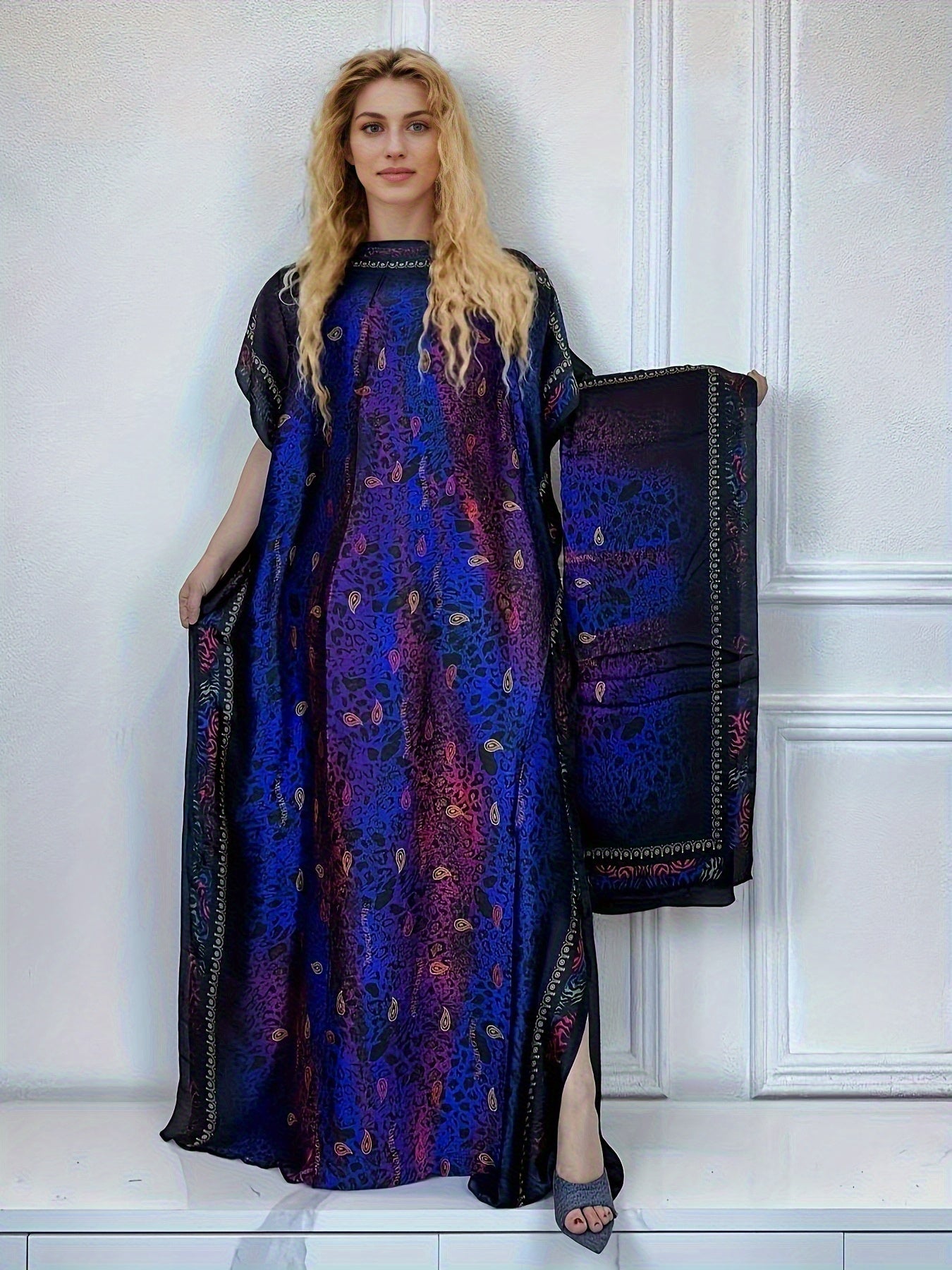Women's Middle Eastern Style Color-Block Batwing Sleeve Long Cover-Up Abaya Dress with Scarf - Loose Fit H-Shaped All-Season Lightweight Beach Pool Party Dress